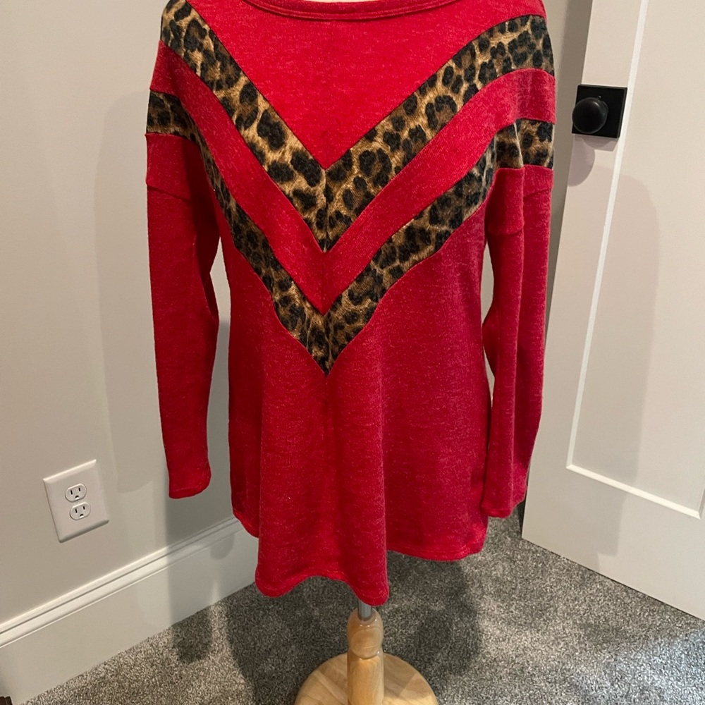 First Love Red Lightweight Tunic Sweater with Leopard Print Accents